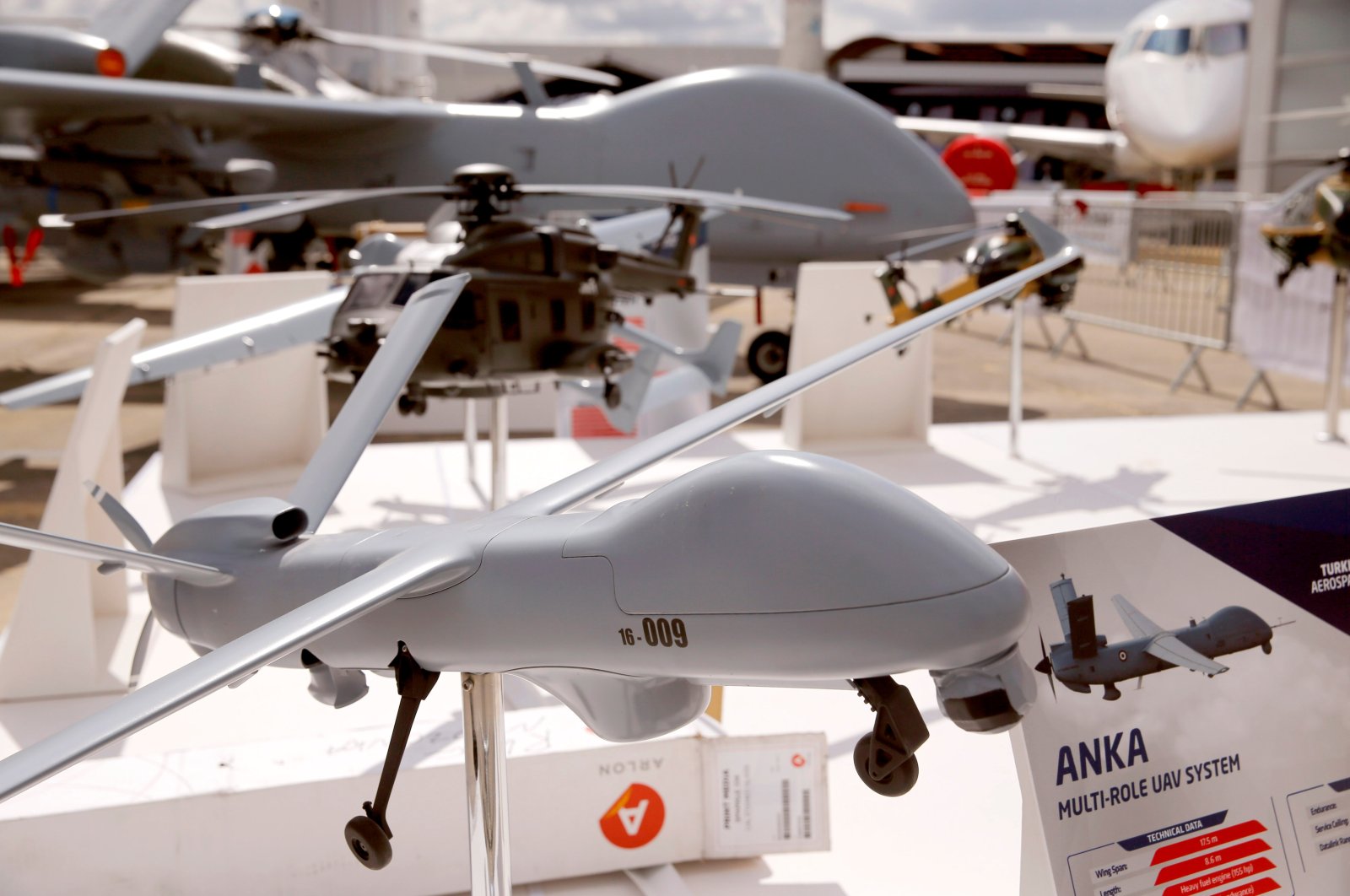 A model of Turkey's multi-role unmanned aerial vehicle ANKA on static display, on the eve of the opening of the 53rd International Paris Air Show at Le Bourget Airport near Paris, France, June 16, 2019. (Reuters Photo)