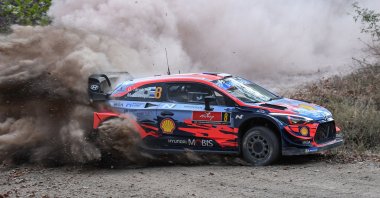 Ott Tanak of Estonia and his co-driver Martin Jarveoja steer their Hyundai i20 Coupe car during the Gökçe stage on the first day of the Rally Turkey as part of the World Rally Championship in Marmaris, Sept. 18, 2020. (AFP Photo)
