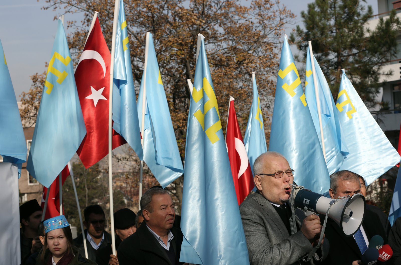 Crimean Tatars living in Turkey stage a protest outside the Russian embassy in Ankara, Turkey, Dec. 10, 2015. (AP Photo)
