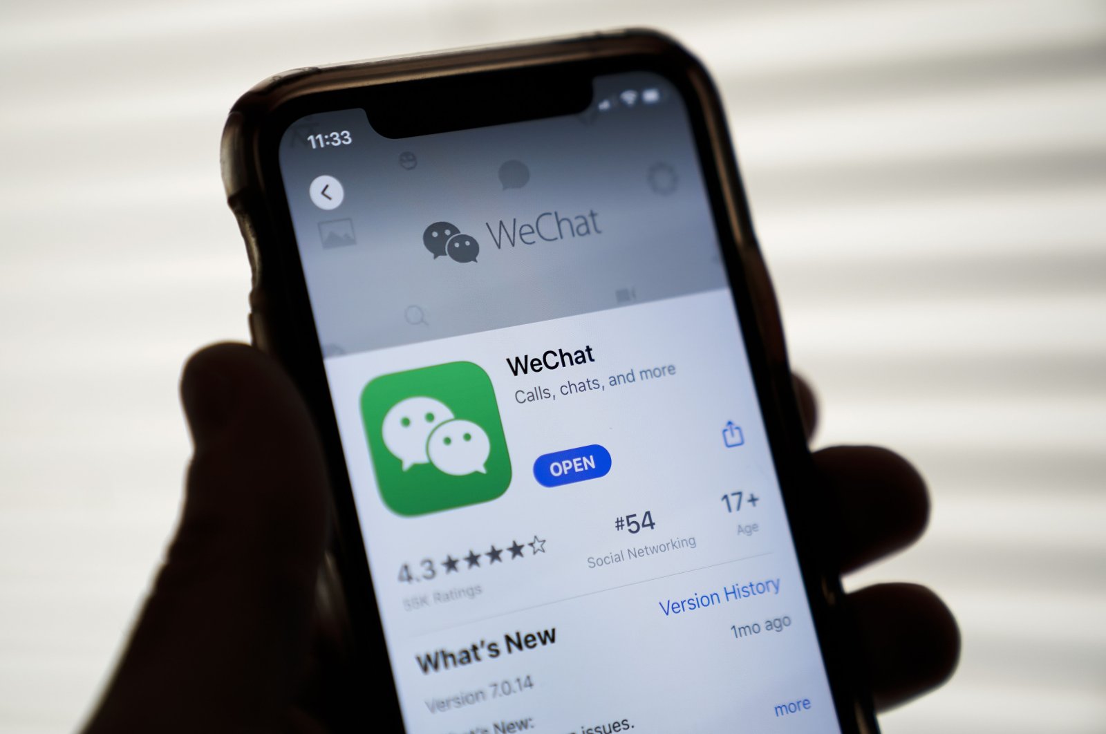 In this file photo illustration taken on August 07, 2020, the WeChat app is displayed in the App Store on an Apple iPhone in Washington, DC. (AFP Photo)