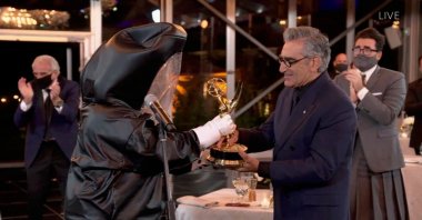 A handout photo made available by the Academy of Television Arts & Sciences shows Eugene Levy accepting the outstanding lead actor in a comedy series award for "Schitt's Creek" during the 72nd annual Primetime Emmy Awards ceremony in Los Angeles, California, U.S., Sept. 20, 2020. (EPA Photo)