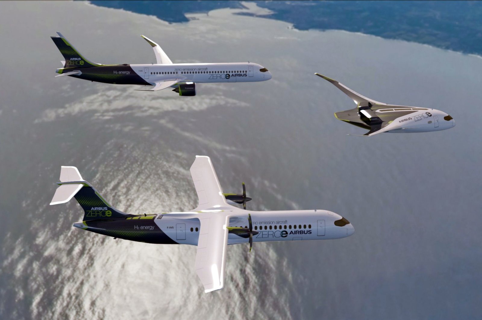 This handout computer-generated image released on Sept. 21, 2020, by the European multinational aeronautics company Airbus shows three prototypes of zero-emission hydrogen-powered aircraft. (Photo by AIRBUS / AFP)