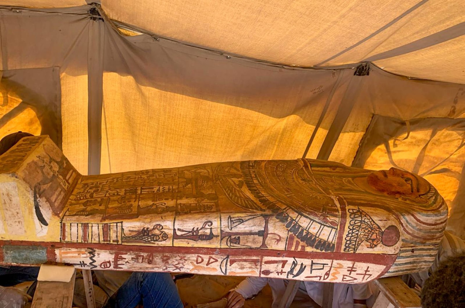 A handout picture released by the Egyptian Ministry of Antiquities on Sept. 20, 2020, shows one of 14 2,500-year-old sarcophagi discovered in a burial shaft at the desert necropolis of Saqqara, south of the capital Cairo. (Reuters Photo)