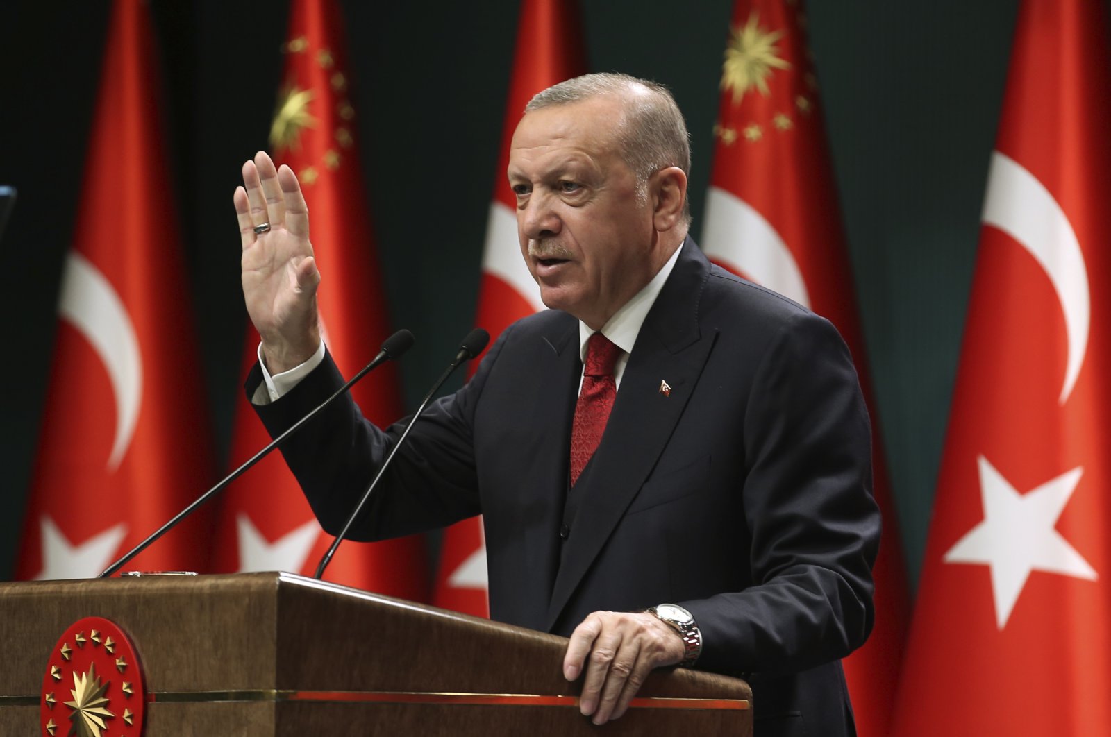 President Recep Tayyip Erdoğan speaks in a televised address following a Cabinet meeting, in Ankara, Turkey, Sept. 21, 2020. (Turkish Presidency via AP)