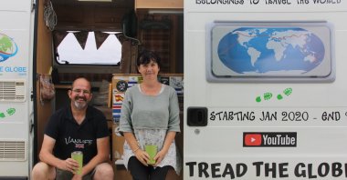 Chris and Marianne Fisher pose outside their van in Samsun, northern Turkey, Sept. 22, 2020. (İHA Photo) 