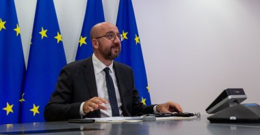 European Council President Charles Michel attends a videoconference with Turkish President Recep Tayyip Erdoğan and German Chancellor Angela Merkel at the European Council Headquarters in Brussels, Belgium, Sept. 22, 2020. (Reuters Photo)