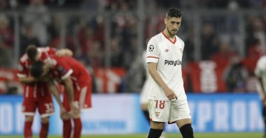 Sevilla's Sergio Escudero reacts during a Champions League quarterfinal match against Bayern Munich, Munich, Germany, April 11, 2018. (AP Photo)