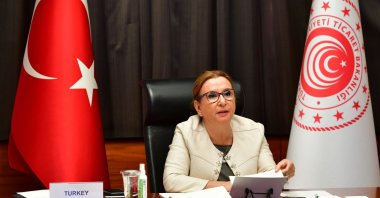 Turkish Trade Minister Ruhsar Pekcan attends the virtual G-20 Trade and Investment Ministers' Meeting, in the capital Ankara, Turkey, Sept. 23, 2020. (Photo by Trade Ministry via AA)