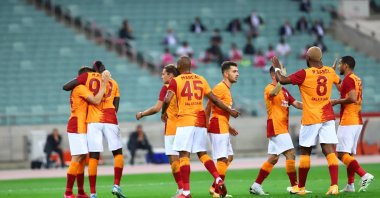 Galatasaray players celebrate a goal against Neftçi during a Europa League match in Baku, Azerbaijan, Sept. 17, 2020. (AA Photo)
