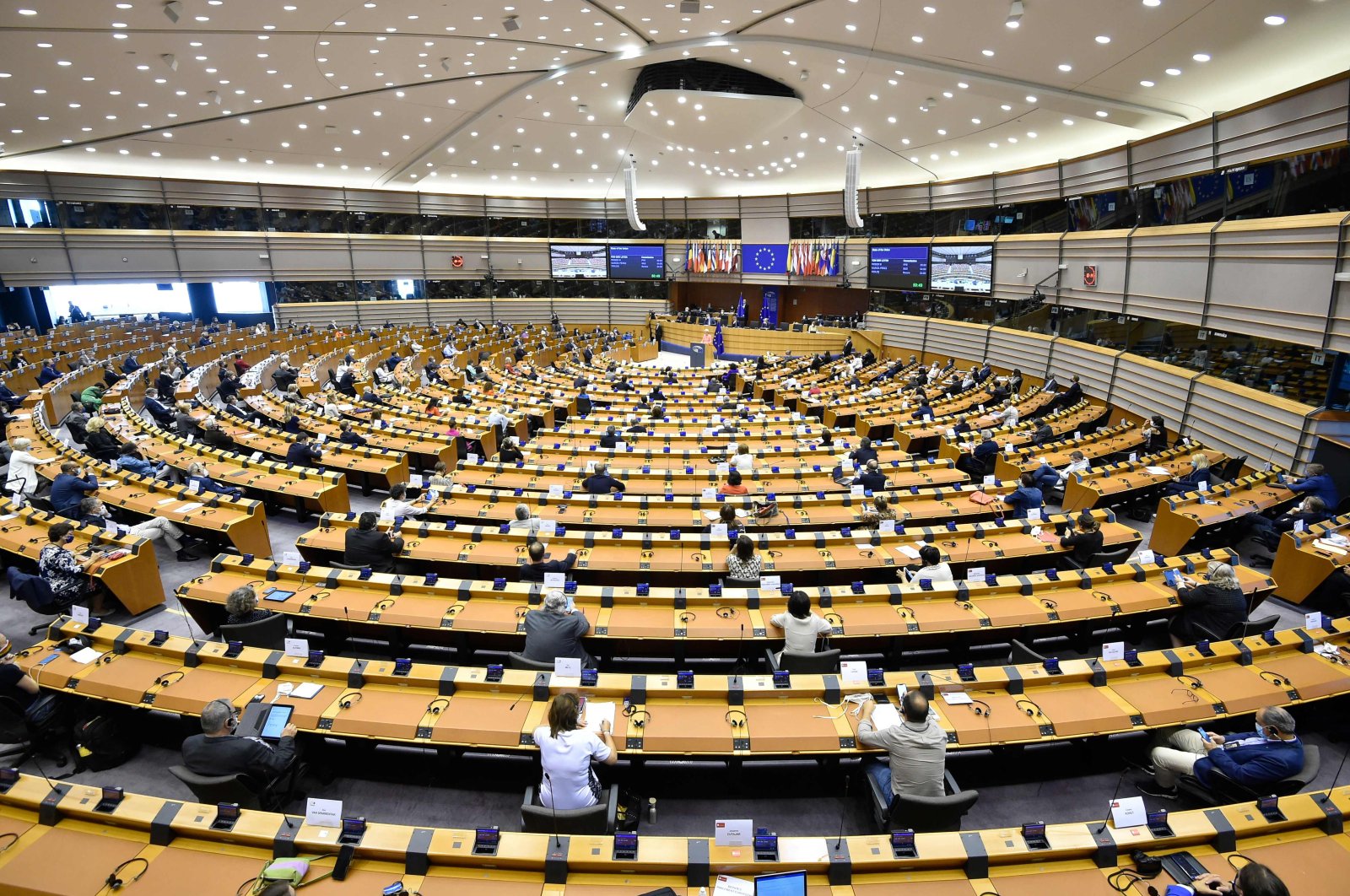European Union lawmakers attend a plenary session at the European Parliament in Brussels, Sept. 16, 2020. (AFP Photo)