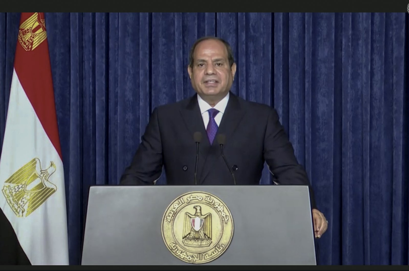 In this image taken from a UNTV video, Egyptian President Abdel-Fattah el-Sissi speaks in a prerecorded message that was later played during the 75th session of the United Nations General Assembly at U.N. headquarters in New York, Sept. 22, 2020. (AP Photo)