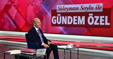 Interior Minister Süleyman Soylu attends an exclusive live broadcast on TGRT Haber news channel on Sept. 23, 2020. (IHA Photo)