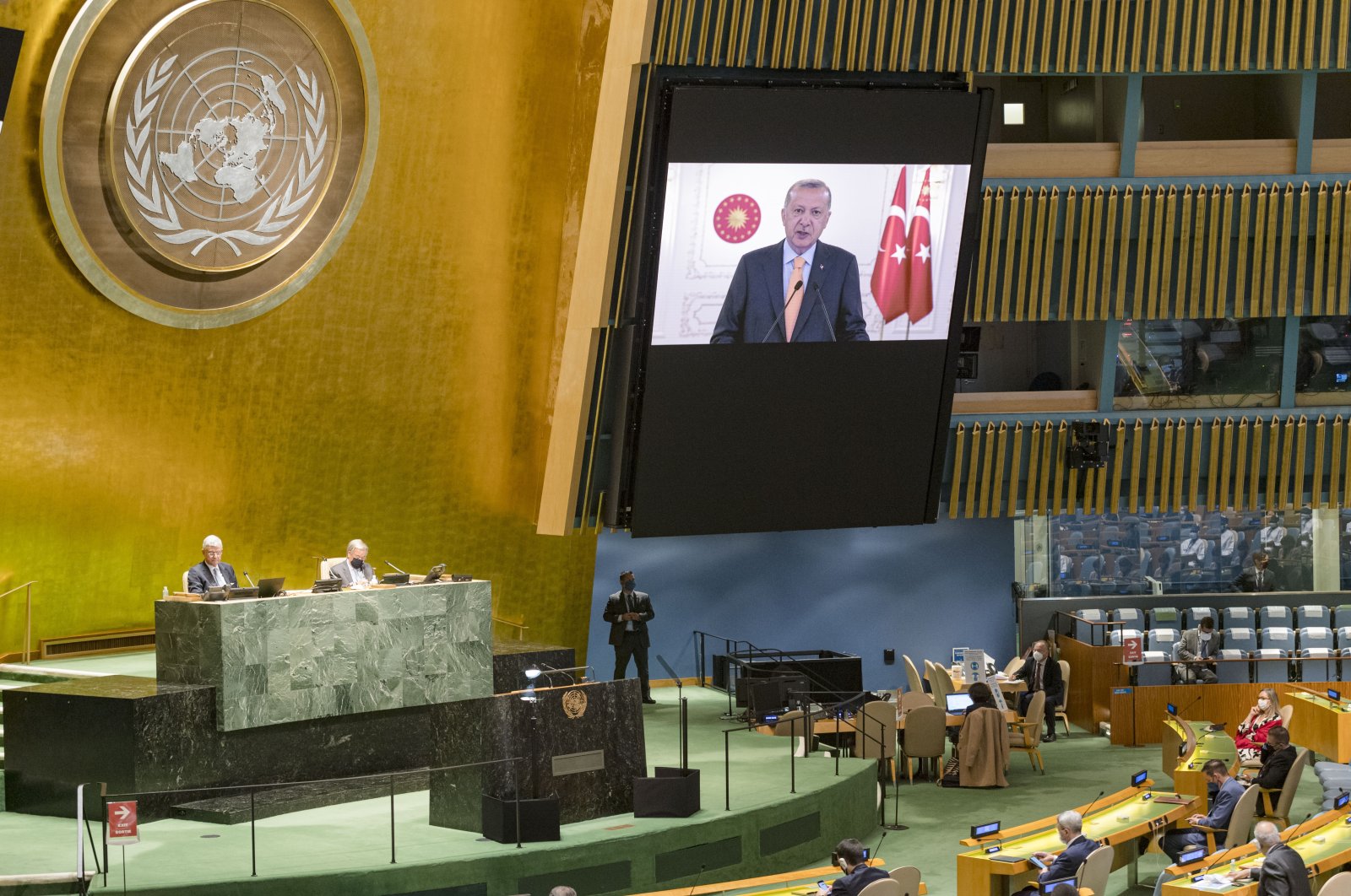 President Recep Tayyip Erdoğan's prerecorded message is played during the 75th session of the United Nations General Assembly at the U.N. headquarters in New York City, New York, U.S., Sept. 22, 2020. (AP Photo)