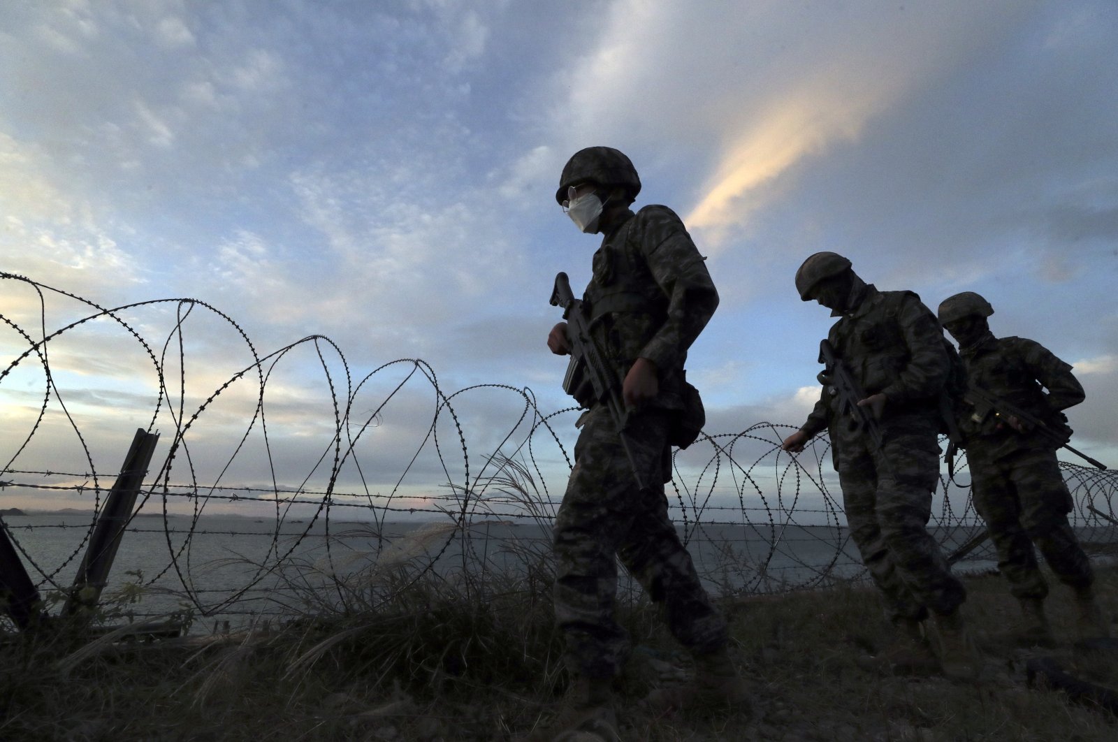 South Korean Marines patrol on Yeonpyeong Island, South Korea, Thursday, Sept. 24, 2020. (Newsis via AP)