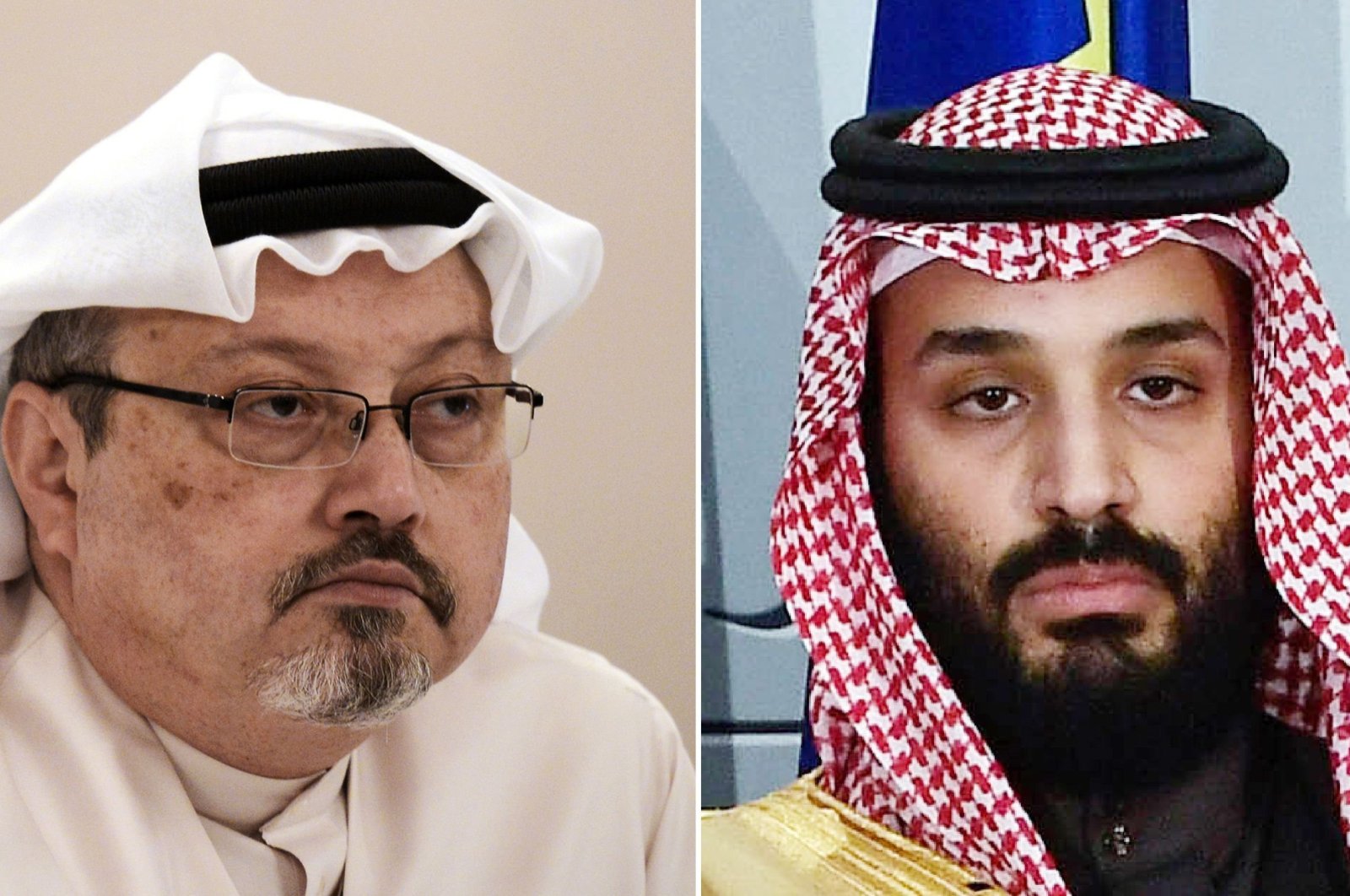 This combination of pictures created on June 20, 2019 shows a file photo taken on December 15, 2014 of Saudi journalist Jamal Khashoggi (L) during a press conference in the Bahraini capital Manama and a file photo taken on April 12, 2018 of Saudi Arabia's crown prince Mohammed bin Salman poses at La Moncloa palace in Madrid. (AFP Photo)