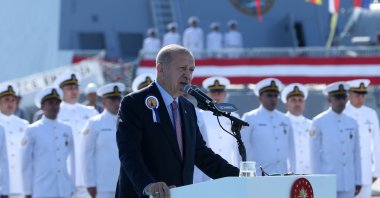 President Recep Tayyip Erdoğan talking at a ceremony marking the delivery of the TGC Kınalıada corvette to Turkish Naval Forces, Sept. 30, 2019. (AA Photo)
