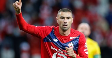Lille's Turkish forward Burak Yılmaz celebrates scoring a goal during a Ligue 1 football match between Lille and Nantes at Stade Pierre-Mauroy, Lille, France, Sept. 25, 2020. (Reuters Photo)