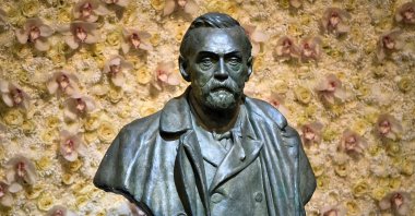 A bronze bust of Alfred Nobel is pictured before the Nobel Prize ceremony at Stockholm Concert Hall, in Stockholm, Sweden Dec. 10, 2019. (Reuters Photo)