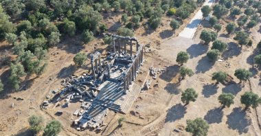 An aerial view of the Temple of Zeus at the ancient city of Euromos, Muğla, southwestern Turkey, Sept. 22, 2020. (AA PHOTO)