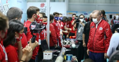 President Recep Tayyip Erdoğan examines projects on the sidelines of the aerospace and technology festival, Teknfest, in the southeastern province of Gaziantep, Turkey, Sept. 26, 2020. (AA Photo)
