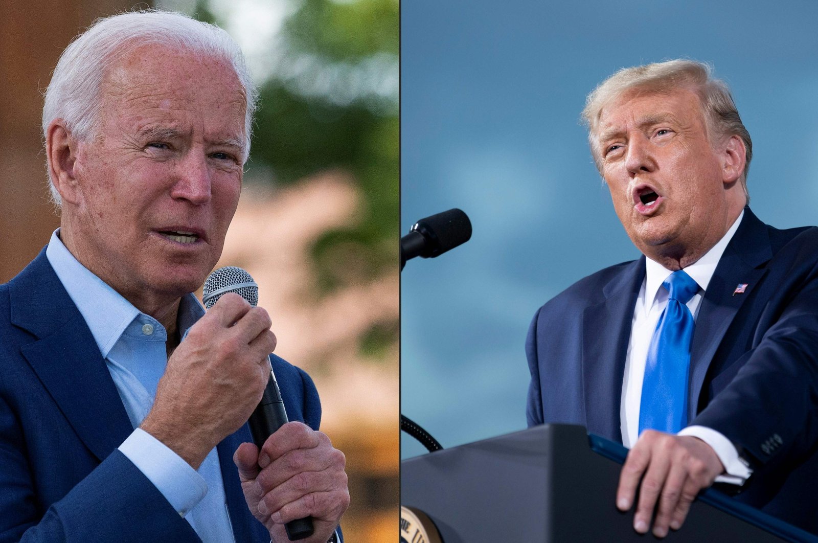 Democratic presidential candidate Joe Biden (L) speaks at the Black Economic Summit at Camp North End in Charlotte, North Carolina, Sept. 23, 2020. U.S. while President Donald Trump (R) speaks during a campaign rally at Cecil Airport in Jacksonville, Florida, Sept. 24, 2020. (AFP Photo)