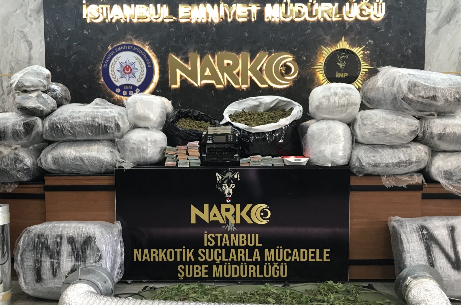 Cannabis and other materials seized in operations on display at police headquarters in Istanbul, Turkey, Sept. 28, 2020. (AA Photo)