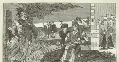 A woodcut engraving shows a witch-burning scene in the County of Regenstein of the Holy Roman Empire in 1555. (iStock Photo)