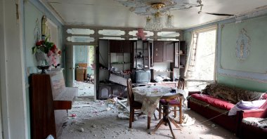 An interior view of a house damaged in a recent shelling by Armenian separatist terrorists in the village of Sahlabad outside the Azerbaijani city of Tartar on Sept. 29, 2020. (AFP Photo)
