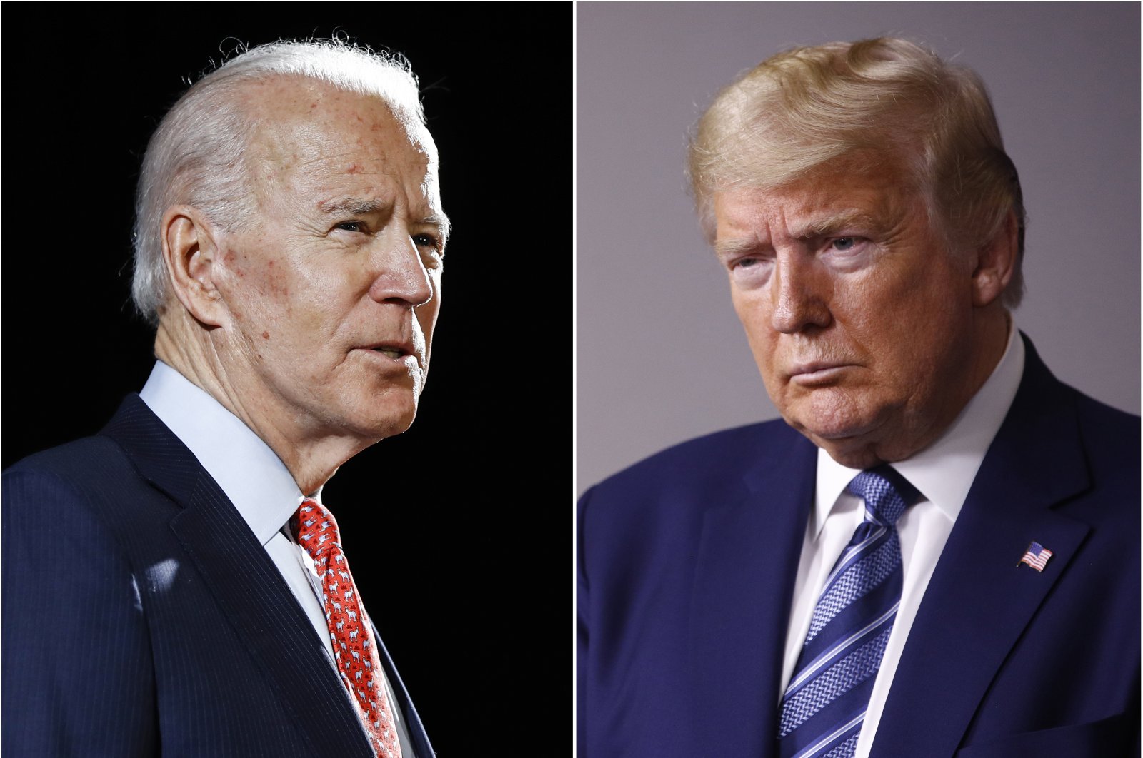 In this combination of file photos, former Vice President Joe Biden speaks in Wilmington, Del., on March 12, 2020, and President Donald Trump speaks at the White House in Washington on April 5, 2020. (AP Photo)