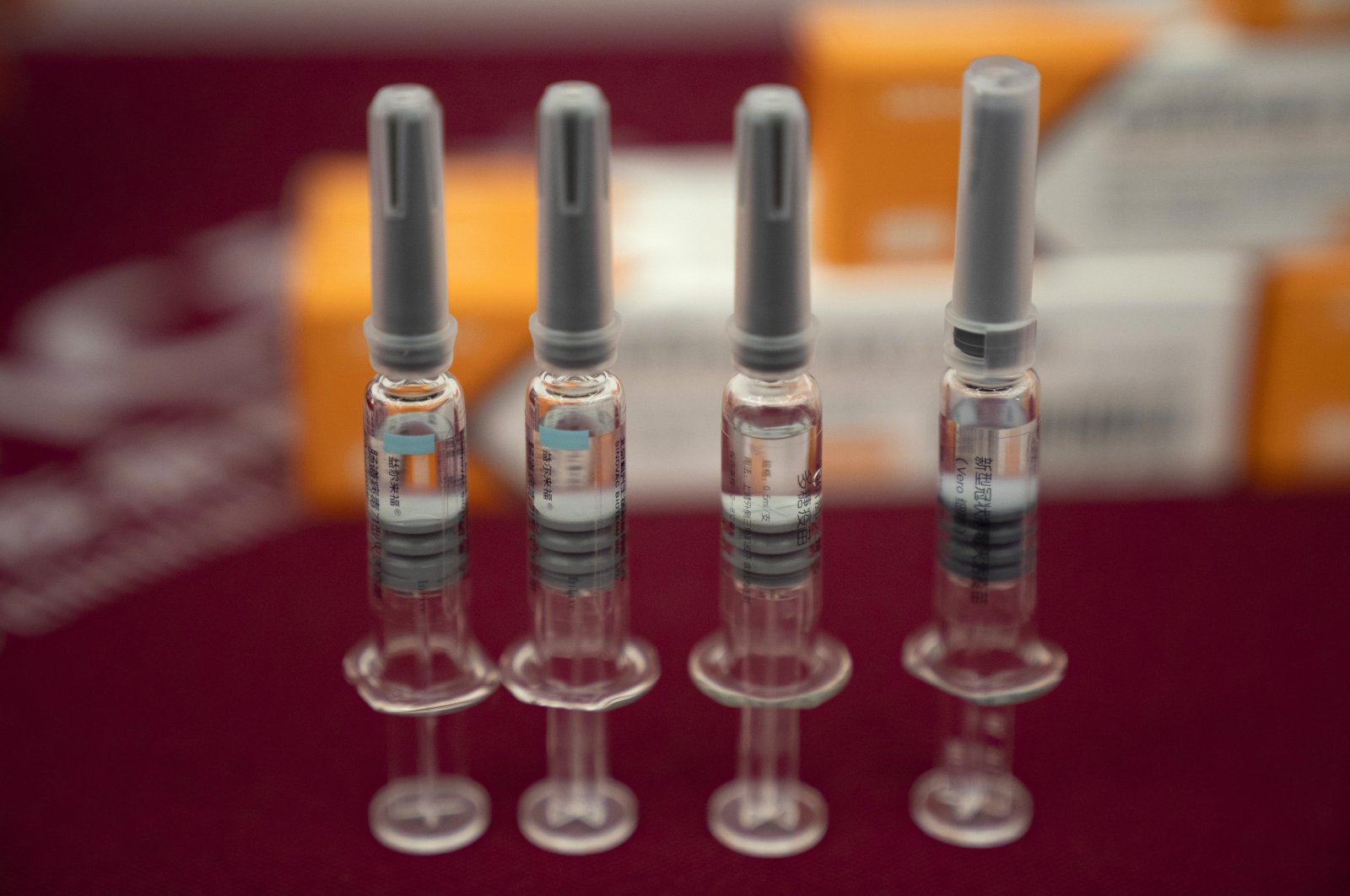 Syringes of SARS CoV-2 Vaccine for COVID-19 produced by SinoVac are displayed during a media tour of its factory in Beijing on Thursday, Sept. 24, 2020. (AP Photo)
