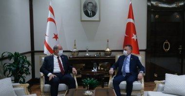 Vice President Fuat Oktay (R) hosts the Turkish Republic of Northern Cyprus (TRNC) Prime Minister Ersin Tatar in the capital Ankara, Sept. 29, 2020. (AA Photo)
