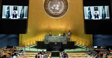 Imran Khan, Prime Minister of Pakistan speaks virtually during the 75th annual U.N. General Assembly, which is being held mostly virtually due to the coronavirus disease (COVID-19) pandemic in the Manhattan borough of New York City, New York, U.S., Sept. 25, 2020. (United Nations/Handout via Reuters)