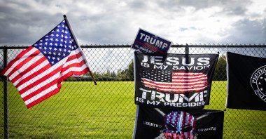 Flags are draped along a fence at a Proud Boys rally at Delta Park, Portland, Oregon, U.S. Sept. 26, 2020. (AFP Photo)