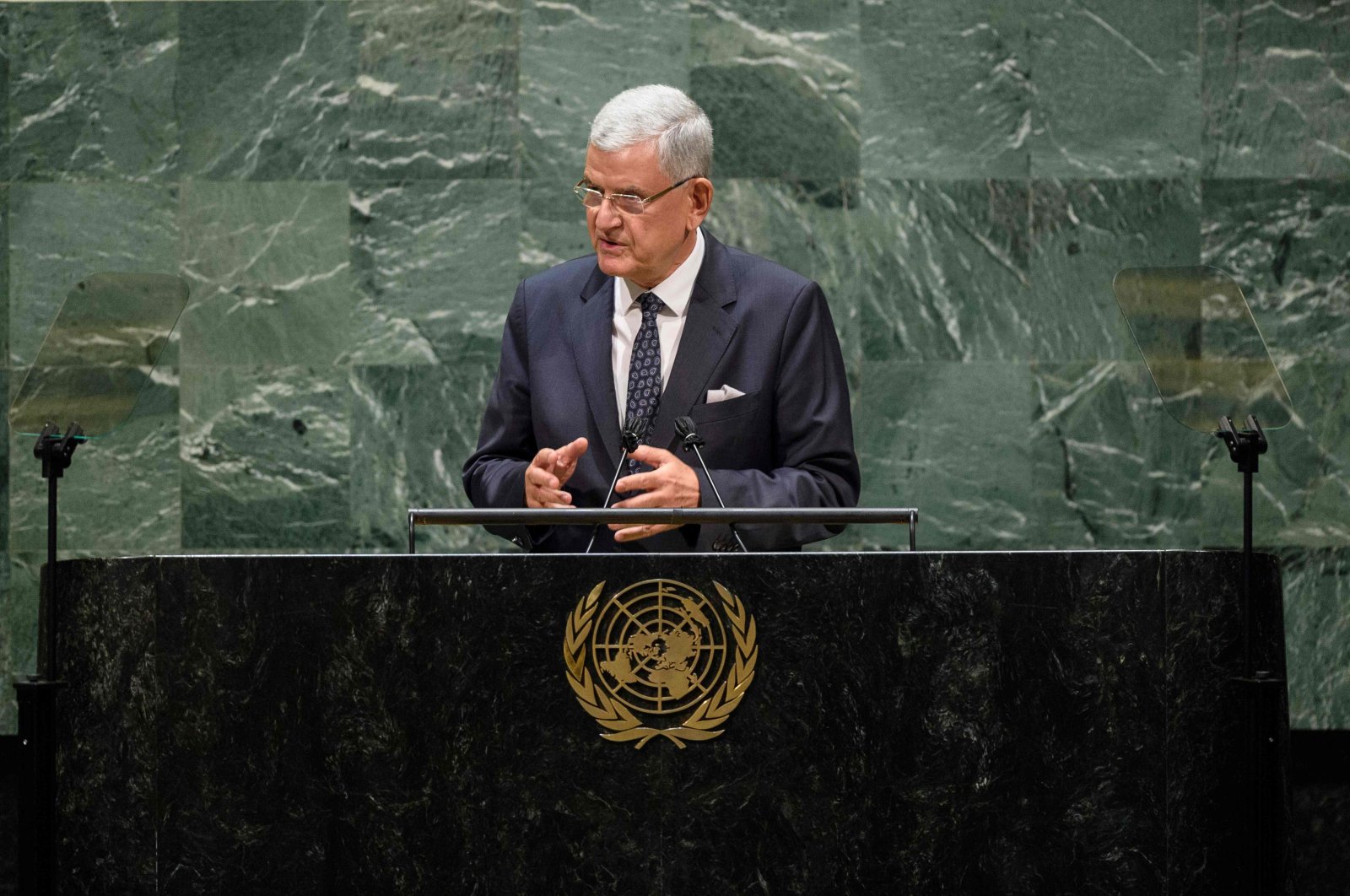 This UN handout photo shows Volkan Bozkır, president of the seventy-fifth session of the United Nations General Assembly, delivers closing remarks to the general debate of the 75th session of the UNGA, on September 29, 2020, in New York. (United Nations / Loey Felipe via AFP)