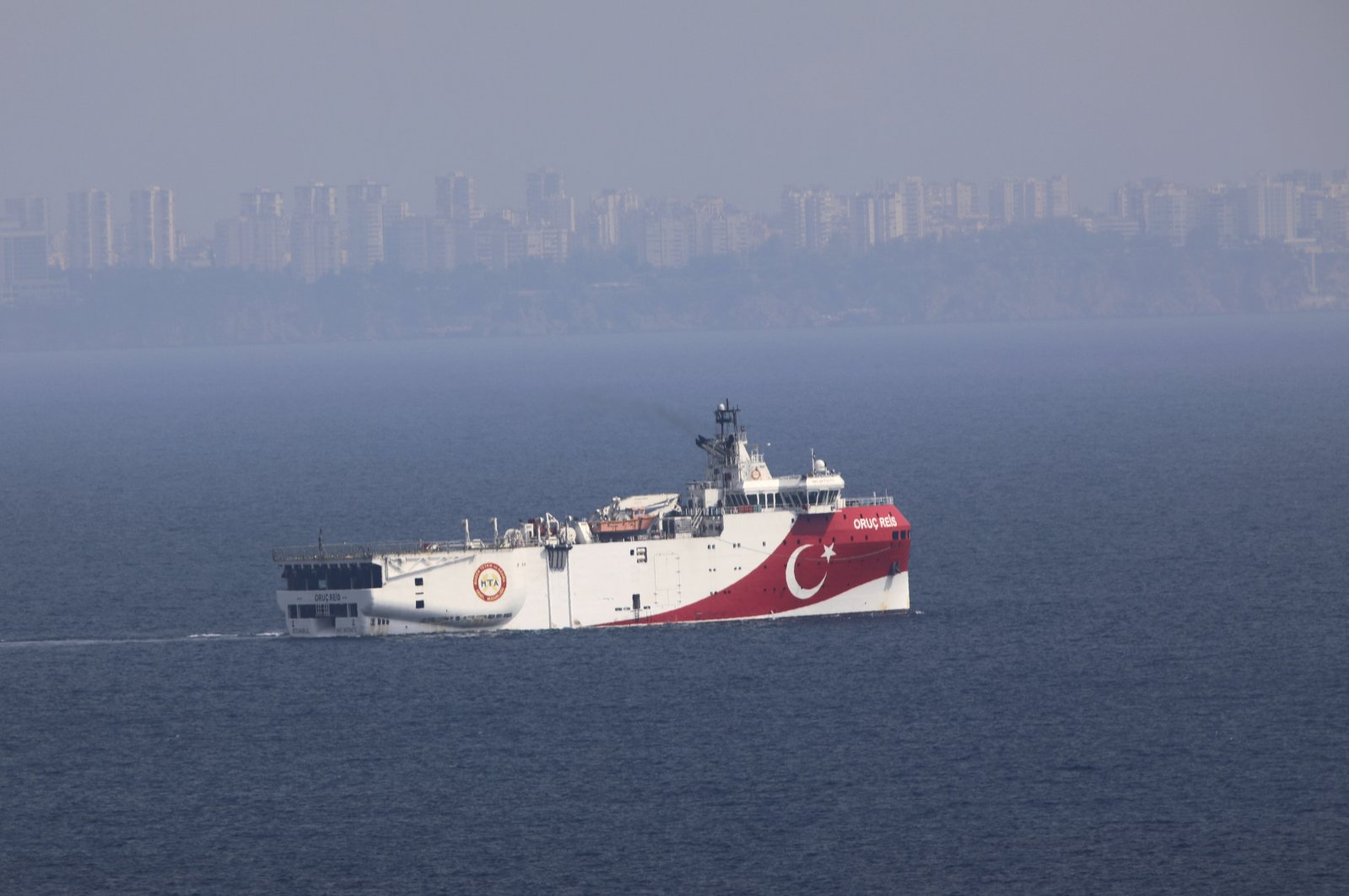 Turkey's research vessel Oruc Reis anchored in the Mediterranean off the coast of Antalya, Turkey, Sept. 27, 2020. (AP Photo)
