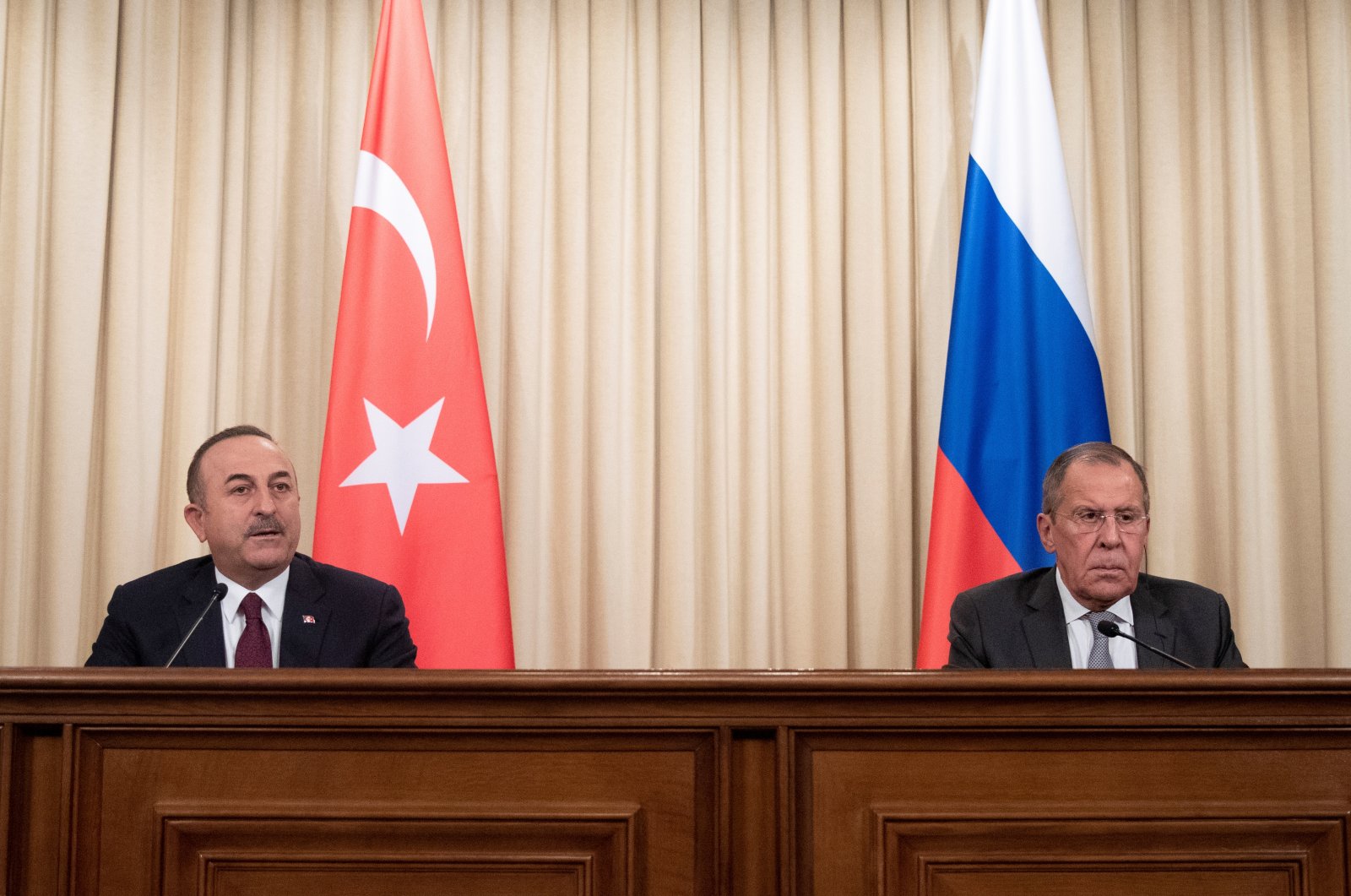 Foreign Minister Mevlüt Çavuşoğlu and his Russian counterpart Sergey Lavrov attend a joint news conference following their talks in Moscow, Russia, Jan. 13, 2020. (Reuters Photo)