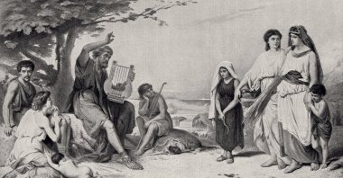 Vintage etching of Homer reciting the Iliad, circa late 19th century. (iStock Photo)
