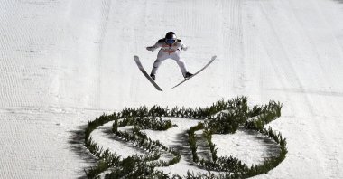 Japan's Ryoyu Kobayashi performs the first jump at the first stage of the 68th Four Hills ski jumping tournament in Oberstdorf, Germany, Dec. 29, 2019. (AP Photo)