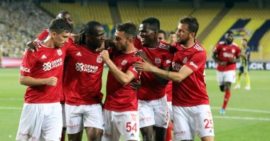 Sivasspor players celebrate a goal during a Süper Lig match against Fenerbahçe, in Sivas, Turkey, July 12, 2020. (IHA Photo)
