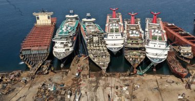 A drone image shows decommissioned cruise ships being dismantled at Aliağa ship-breaking yard in the Aegean port city of Izmir, western Turkey, Oct. 2, 2020. (Reuters Photo)
