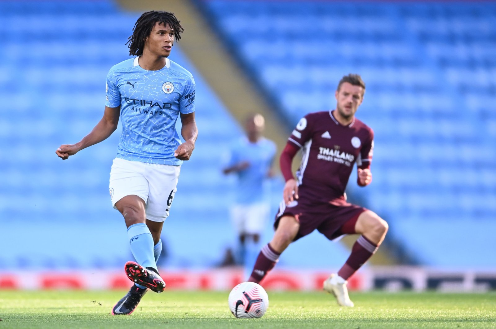 Manchester City's Dutch defender Nathan Ake passes the ball during the English Premier League football match between Manchester City and Leicester City at the Etihad Stadium in Manchester, north west England, on September 27, 2020. (AFP Photo)