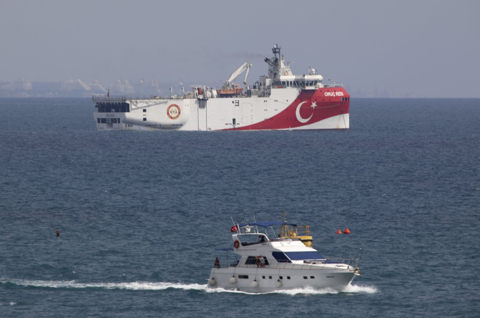A view of Turkey's seismic research vessel, Oruç Reis anchored off the coast of Antalya on the Mediterranean, Turkey, Sept. 27, 2020. (AP Photo)