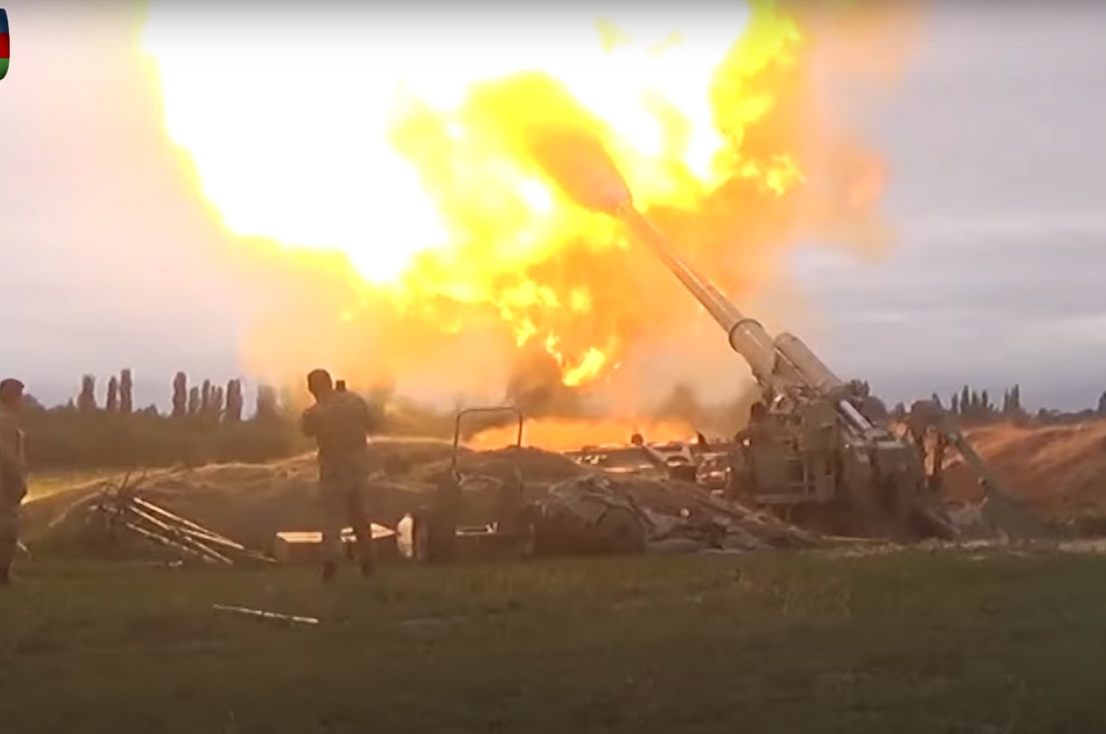 Azerbaijan fires artillery in the direction of enemy positions deployed in the Nagorno-Karabakh region, Sept. 28, 2020. (EPA / Azerbaijan Defense Ministry / Handout)