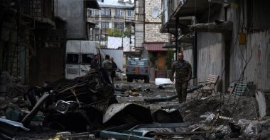 A view shows the aftermath of recent shelling during the ongoing fighting between Armenia and Azerbaijan over the occupied Nagorno-Karabakh region, Oct. 4, 2020. (AFP)