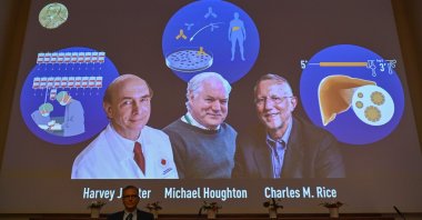 Nobel Committee member Patrik Ernfors sits in front of a screen displaying the winners of the 2020 Nobel Prize in Physiology or Medicine, (L-R) American Harvey Alter, Briton Michael Houghton and American Charles Rice, during a press conference at the Karolinska Institute in Stockholm, Sweden, on October 5, 2020. (AFP Photo)