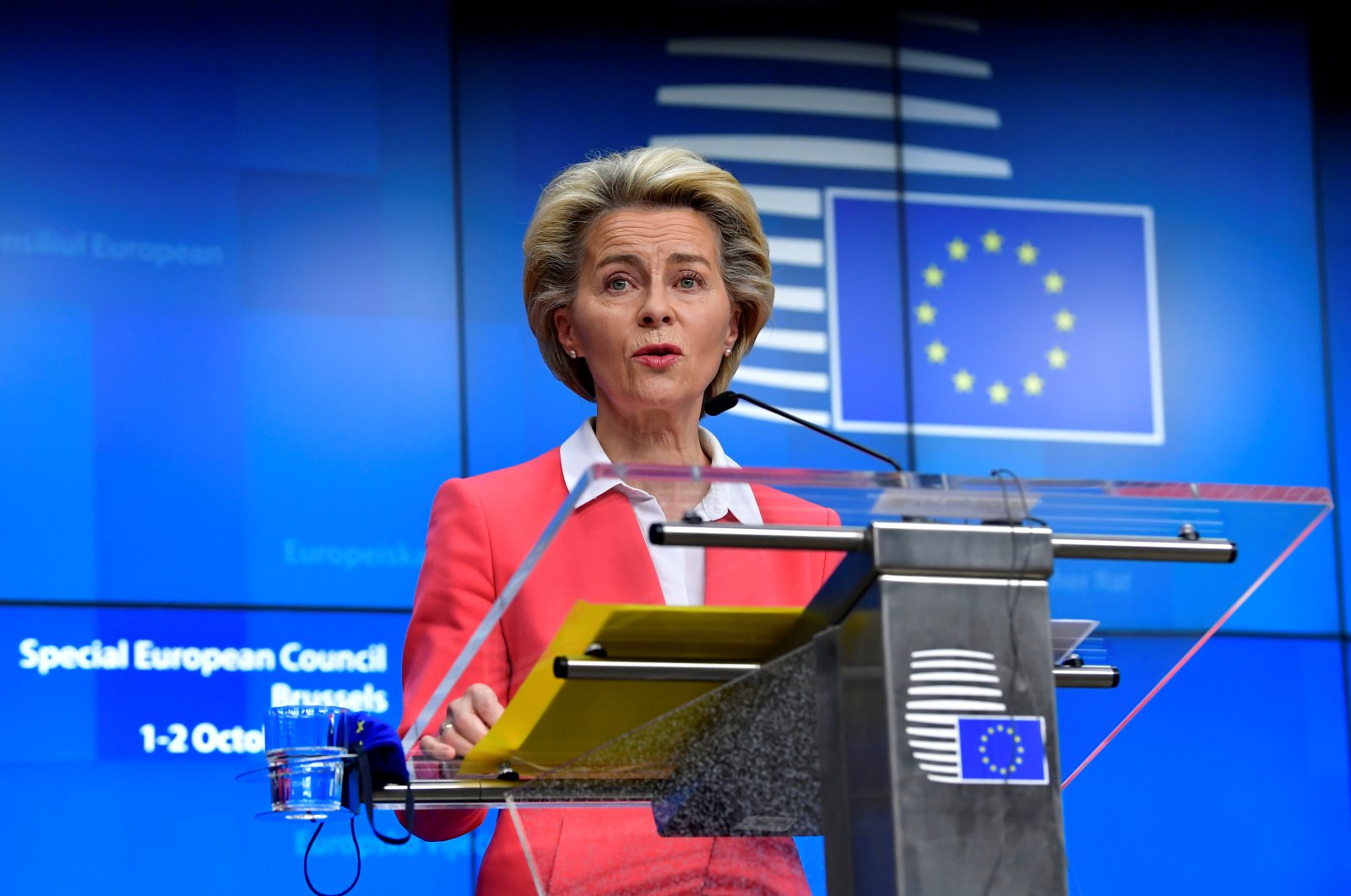 European Commission President Ursula von der Leyen addresses the media on the second day of a European Union leaders summit at the Europa building, Brussels, Oct. 2, 2020. (REUTERS Photo)