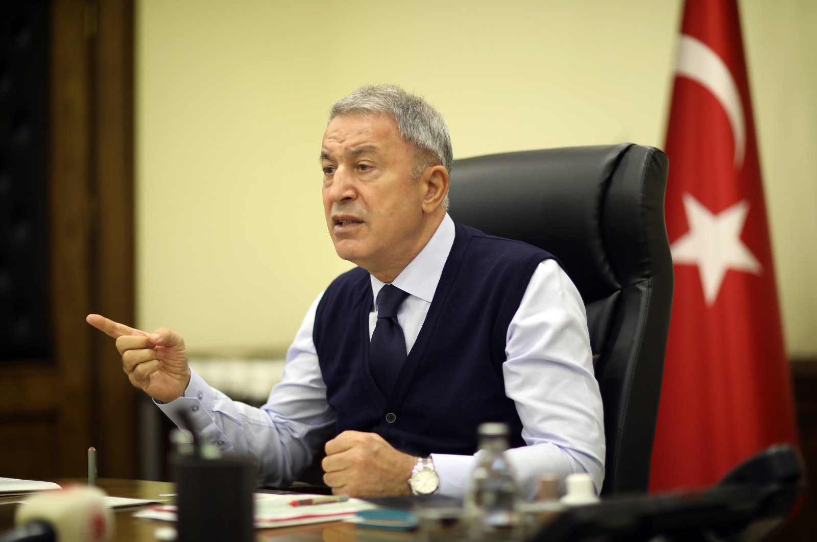 Defense Minister Hulusi Akar speaks in a video conference with military commanders in Ankara, Turkey, Oct. 5, 2020 (AA Photo)