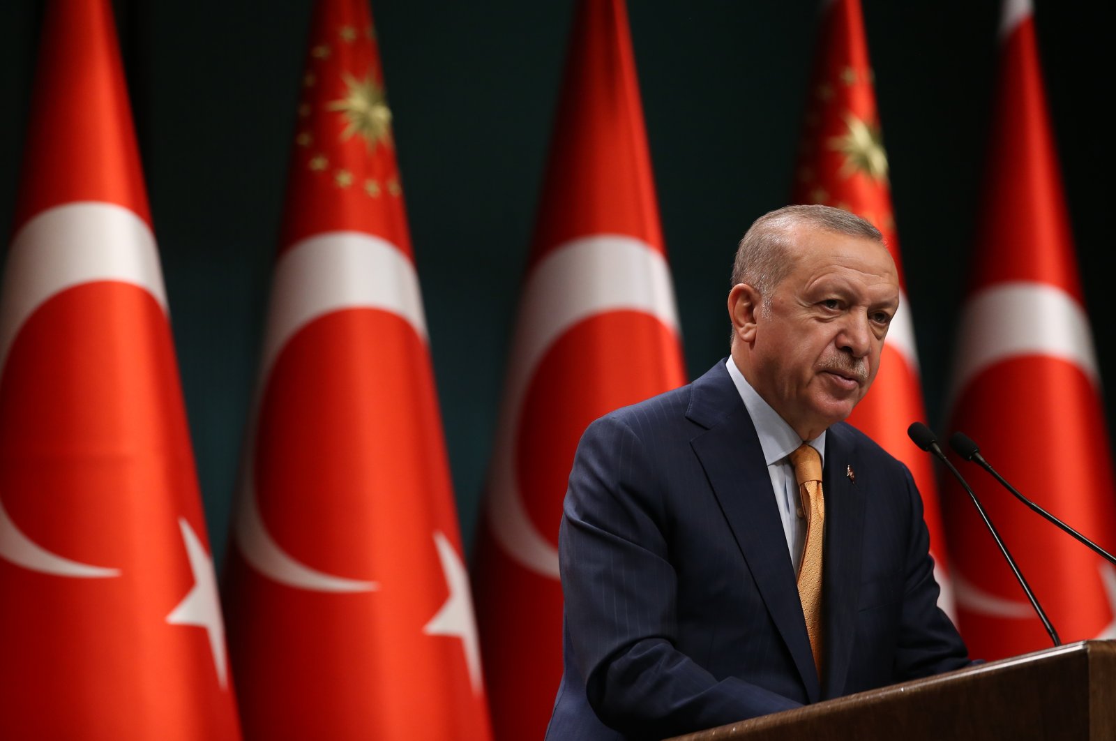 President Recep Tayyip Erdoğan speaks following a Cabinet meeting in the capital Ankara, Turkey, Oct. 5, 2020. (AA Photo)