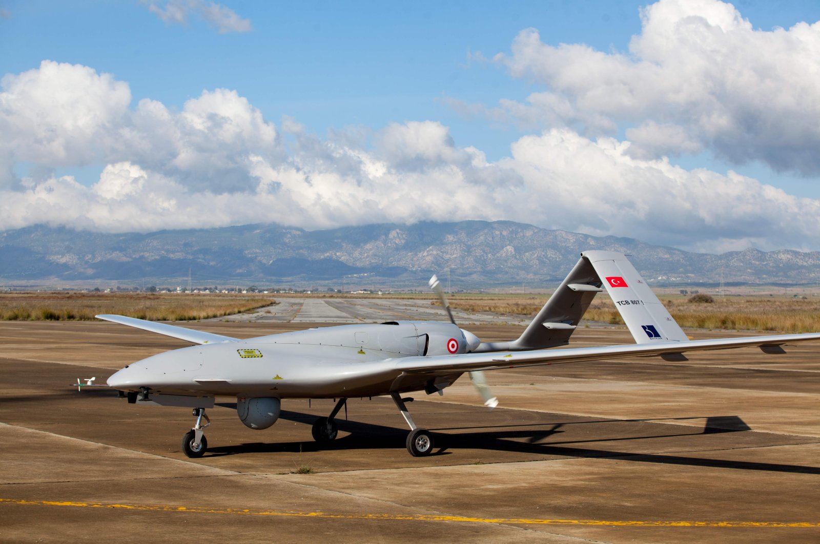 A Bayraktar TB2 drone is pictured at the Geçitkale military air base near Gazimağusa (Famagusta) in the Turkish Republic of Northern Cyprus (TRNC), Dec. 16, 2019. (AFP Photo)