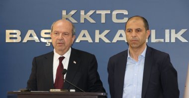 TRNC PM Ersin Tatar (Left) speaks at a news conference with Deputy PM and FM Kudret Özersay in the capital Lefkoşa (AA File Photo)